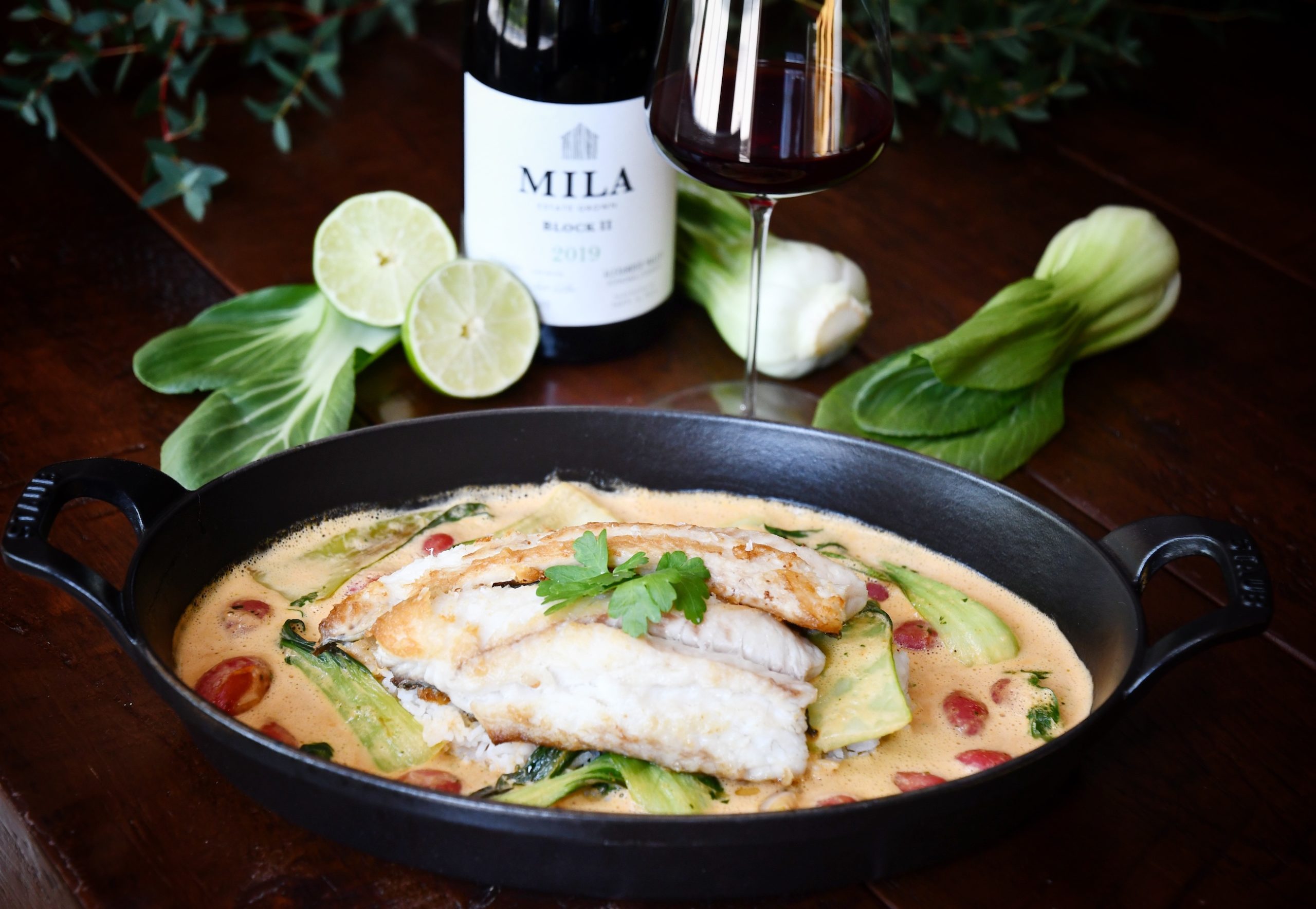 Pan Seared Red Snapper Over Sauteed Bok Choy, shown with Mila Block II Grenache